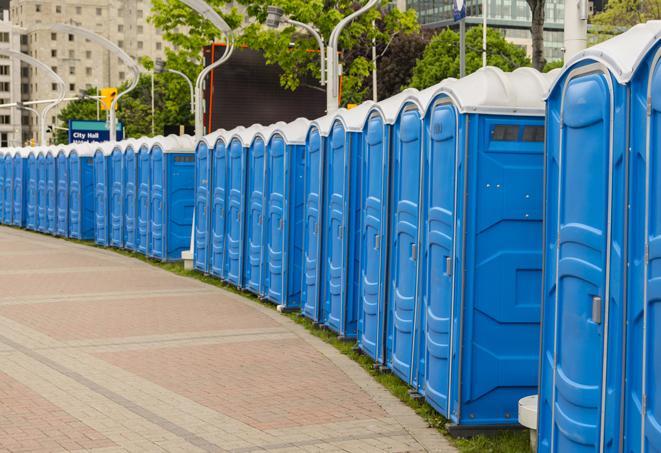 a line of brightly-colored portable restrooms, perfect for outdoor festivals and concerts in Hinsdale